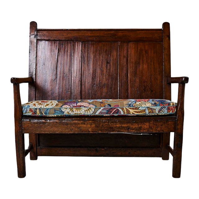 19th Century Wood Bench with Schumacher Zanzibar Linen Print Cushion For Sale