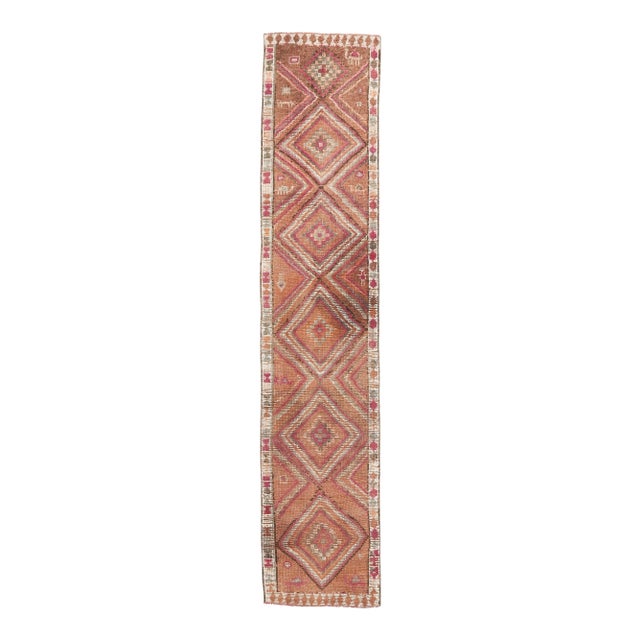 Vintage Coral-Red, Orange Turkish Hand-Knotted Runner For Sale