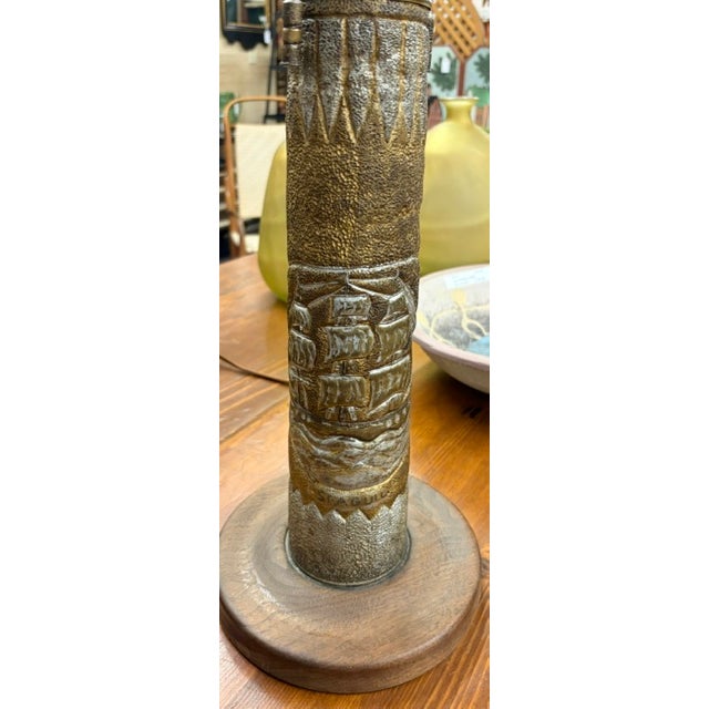 Antique Trench Art Lamp - Sailboat - Etched Name on Front - Seagull - Folk Art For Sale - Image 4 of 7