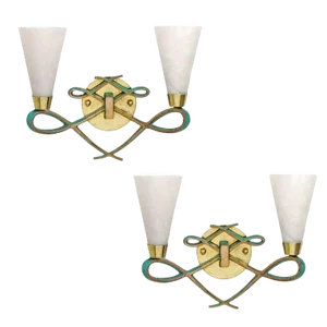 Bronze Sconce With Alabaster Shades in a Jules Leleu Style, Pair