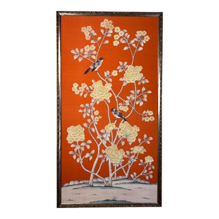 Chinoiserie Hand-Painted Silk Panel on Dark Orange Silk in Italian Silver Gilt Frame For Sale