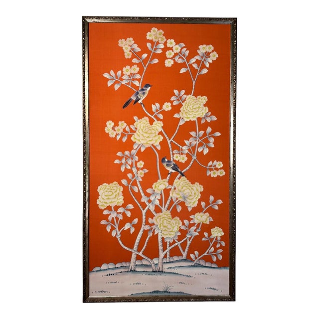 Chinoiserie Hand-Painted Silk Panel on Dark Orange Silk in Italian Silver Gilt Frame For Sale