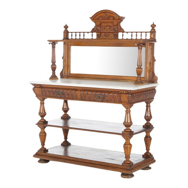Early 20th Century Antique Oak Marble Top Server with Mirrored Back Splash & Spindled Rail C1900 For Sale