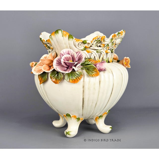 White Vintage Italian Ceramic Planter Cachepot With Hand Painted Flowers and Feet For Sale - Image 8 of 11
