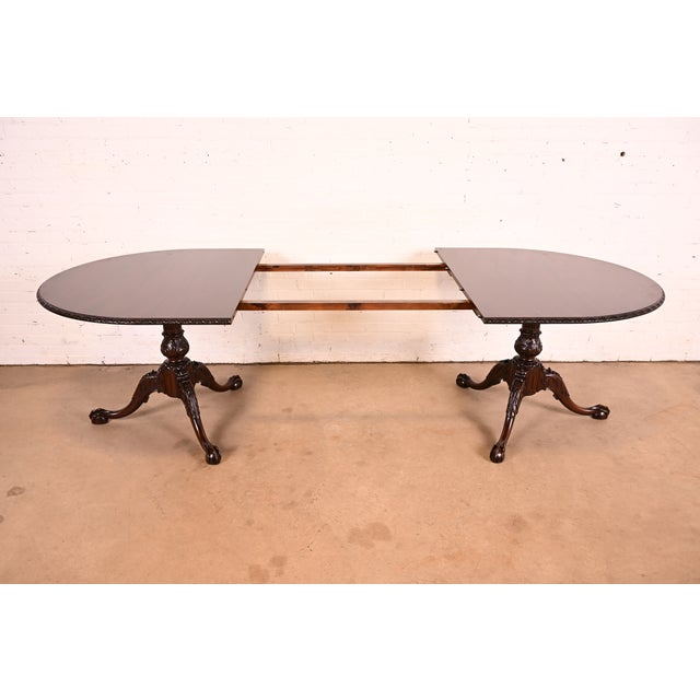 19th Century Antique Georgian Carved Mahogany Double Pedestal Extension Dining Table, Newly Refinished For Sale In South Bend - Image 6 of 13