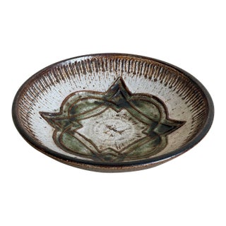 Stoneware Deep Fruit Bowl Brown Green Geometric Ceramic Decorative Basin 1960s For Sale