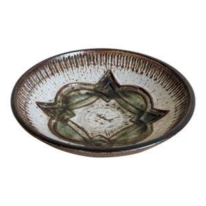 Stoneware Deep Fruit Bowl Brown Green Geometric Ceramic Decorative Basin 1960s