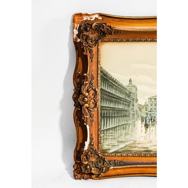Lovely Venetian Scene Watercolor Antique Painting St. Marks Basilica Square Venice Italy Ornate Frame Art European Grand Tour Wall Decor For Sale - Image 9 of 13