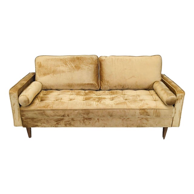 Mid-Century Modern 3-Seat Velvet Sofa in Mustard Yellow For Sale