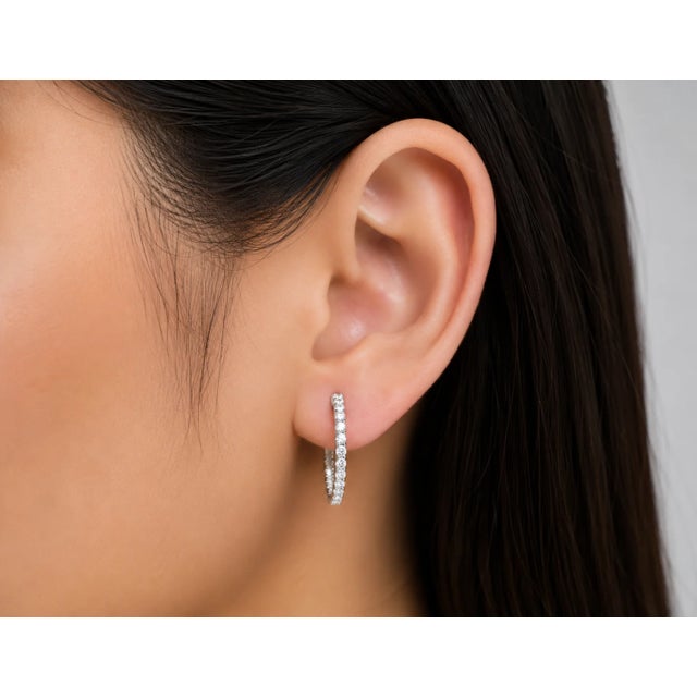 Modern Late 20th Century 14K White Gold Estate Diamond Inside Outside Hoop Earrings, Pair For Sale - Image 3 of 3