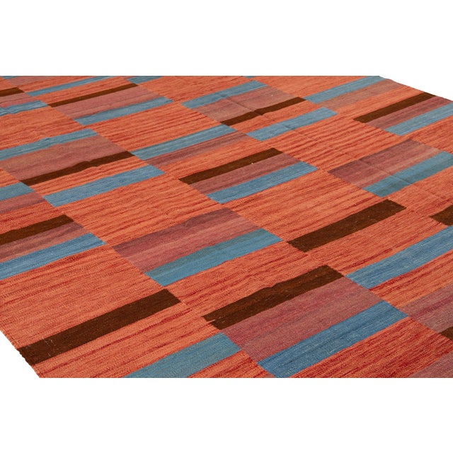 2010s Modern Kilim Flatweave Orange Geometric Abstract Wool Rug For Sale - Image 5 of 10