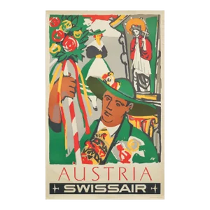 1951 Vintage Swiss Travel Poster, Swissair Austria (Henri Ott)
