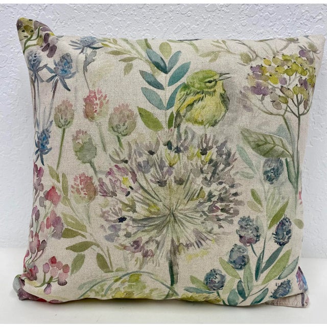 English 16" Square Pillow Decorated With Colorful Allium, Clover Flowers & Birds - Made in Uk. For Sale - Image 3 of 10
