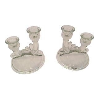 Clear Etched Glass Art Deco Candleholders - A Pair For Sale