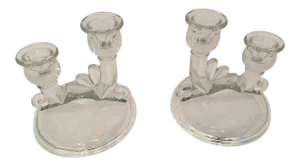 Clear Etched Glass Art Deco Candleholders - A Pair