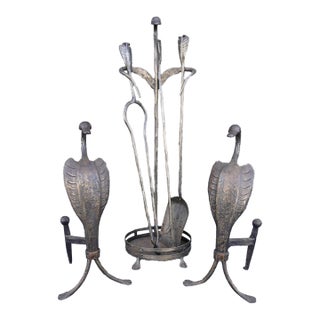 Early 20th Century Original Cahill Iron Works Waterfowl Fireplace Andirons and Tool Set For Sale
