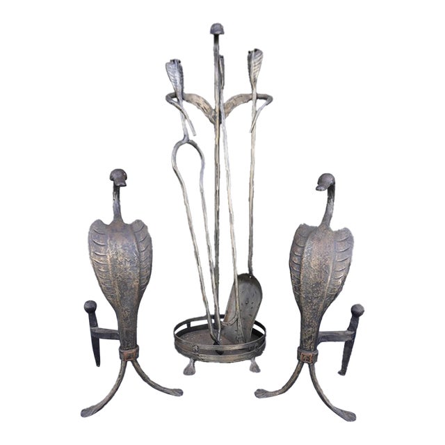 Early 20th Century Original Cahill Iron Works Waterfowl Fireplace Andirons and Tool Set For Sale