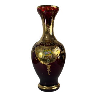 Murano Tre Fuochi 24k Gold Floral Ruby Art Glass Vase For Sale