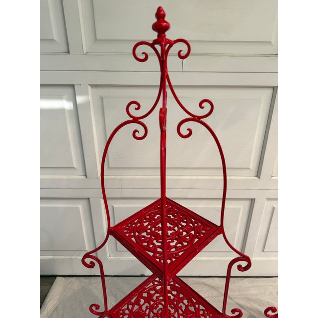 Pair of Chinoiserie Pagoda Form Metal Étagères in Gloss Red For Sale - Image 9 of 11