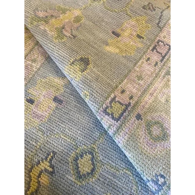Modern Handknotted Oushak Rug in Blue & Sage with Pops of Lavender, 4' x 6' For Sale