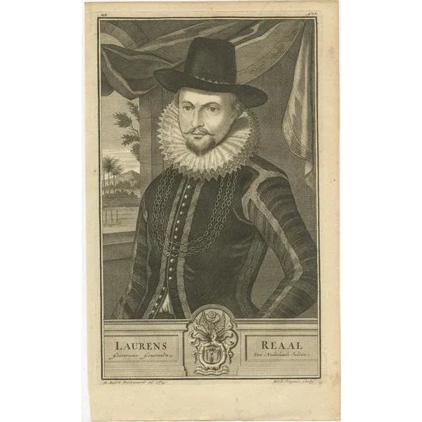 This 1724 engraving features laurens reaal, who served as a governor-general of the voc (dutch east india company) in the...