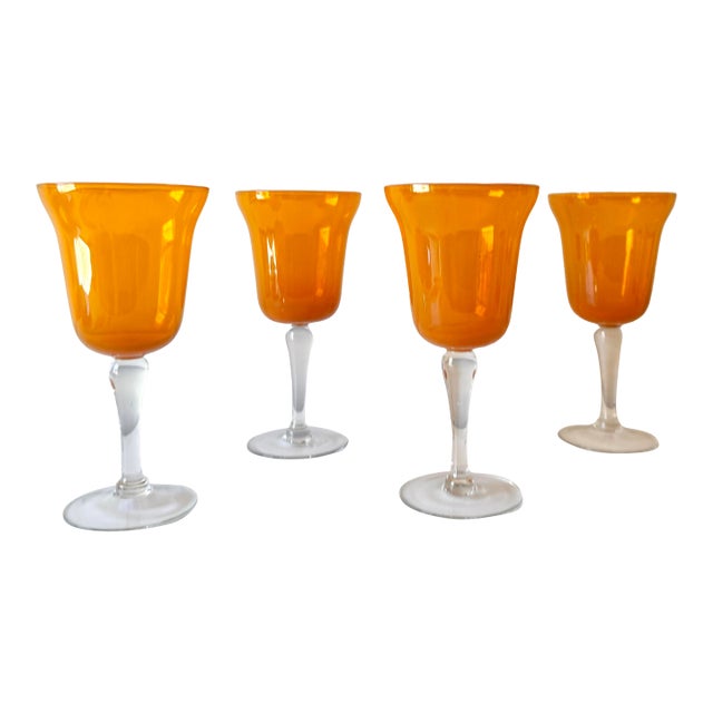1960s Carlo Moretti–Attributed Orange Opalescent Blown Glass Stemmed Goblets, Set of 4 For Sale