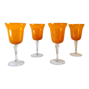 1960s Carlo Moretti–Attributed Orange Opalescent Blown Glass Stemmed Goblets, Set of 4