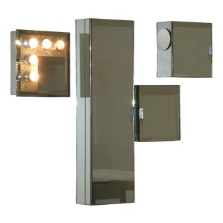 Mirrored Cabinets with Matching Wall Lights, 1970s, Set of 4 For Sale