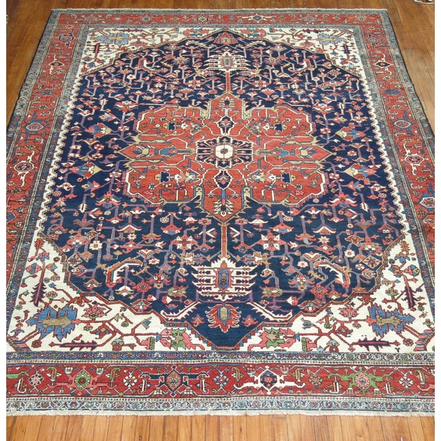 Traditional Antique Persian Square Navy Geometric Heriz Rug For Sale - Image 14 of 18
