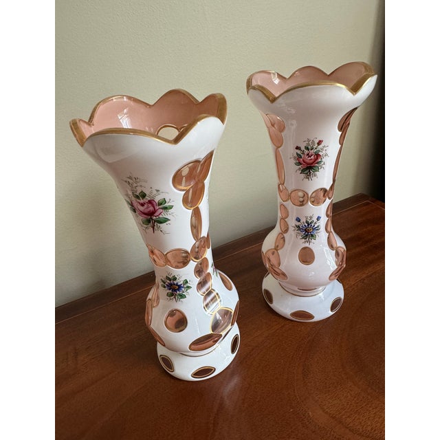 Pair of Antique Bohemian Cased Art Glass Vases White and Blush Pink Enamel Floral - 2 Pieces For Sale - Image 4 of 11