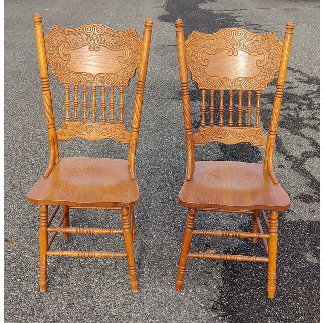 Mid 20th Century Vintage Solid Wood Carved Pressed Back Dining Chairs, Set of 2 For Sale - Image 4 of 8
