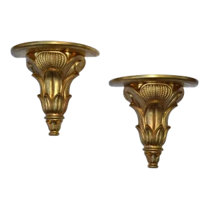 Pair Italian Florentine Vintage Hand Carved Giltwood Wall Shelf Brackets 1970