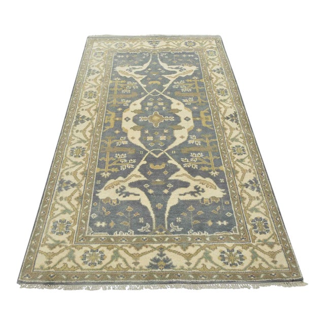 Oushak Rug 4’11” X 7’10” Blue Wool Tribal Hand-Knotted Oriental Carpet For Sale