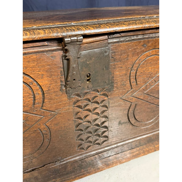 Antique English Carved Oak Trunk, 1650 For Sale - Image 4 of 18
