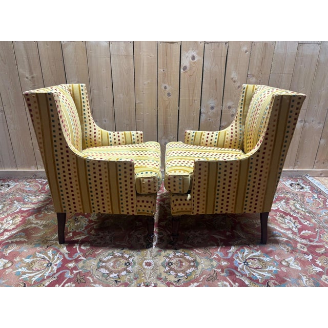 Napoleon III Wingback Armchairs in Multicoloured Striped Velvet, Set of 2 For Sale - Image 4 of 7