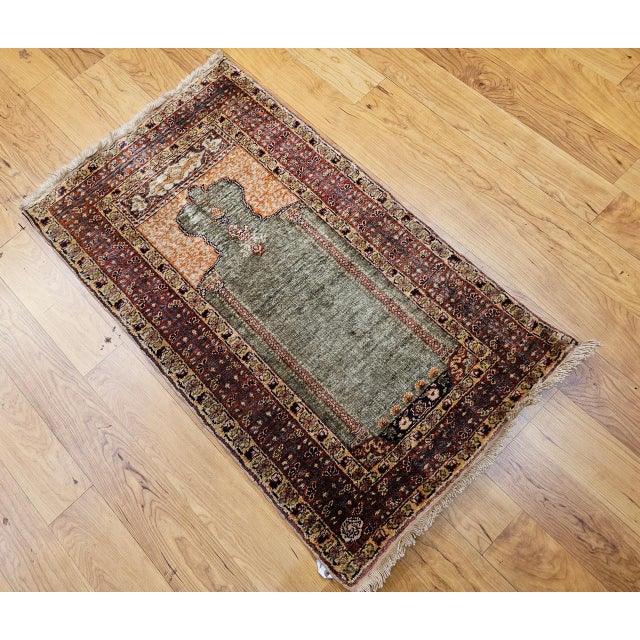 Vintage Turkish Hereke Prayer Rug, Green and Brick Red, Early 1900s, 2' x 3' For Sale In Chicago - Image 6 of 16