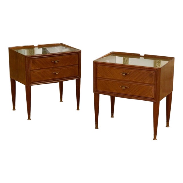 Italian Modern, Stained Wood, Brass, Glass, Nightstands, Italy, 1950s For Sale