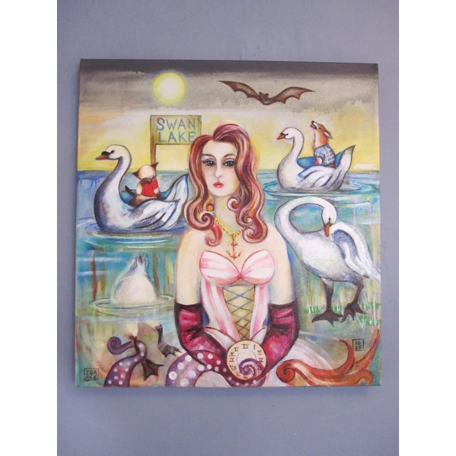 This oil on canvas artwork presents a whimsical scene set on a serene lake, where swans glide gracefully alongside a woman...