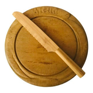 Antique Bread Board With Bamboo Bread Knife- 2 Pieces For Sale
