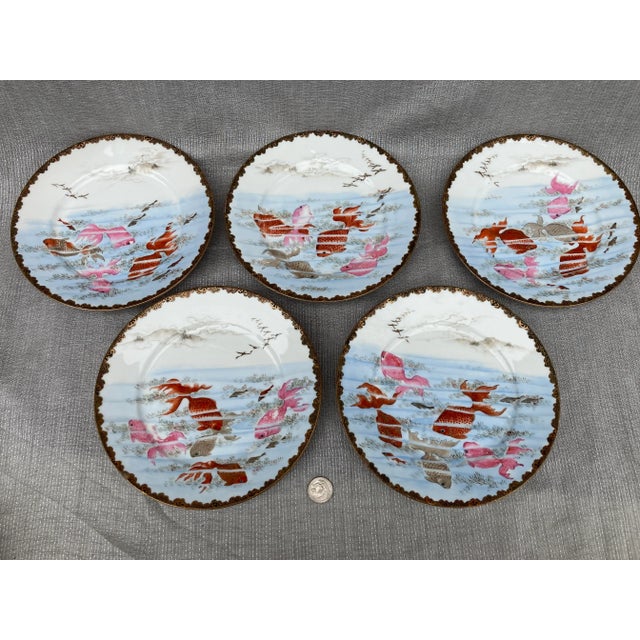 Early 20th Century Antique Kutani Hand Painted Koi Plates, Signed- Set of 9 For Sale In New York - Image 6 of 12