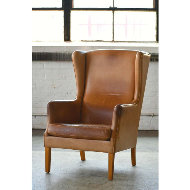 Danish Modern Kaare Klint Style Wingback Chair In Tan Leather With Patina Chairish