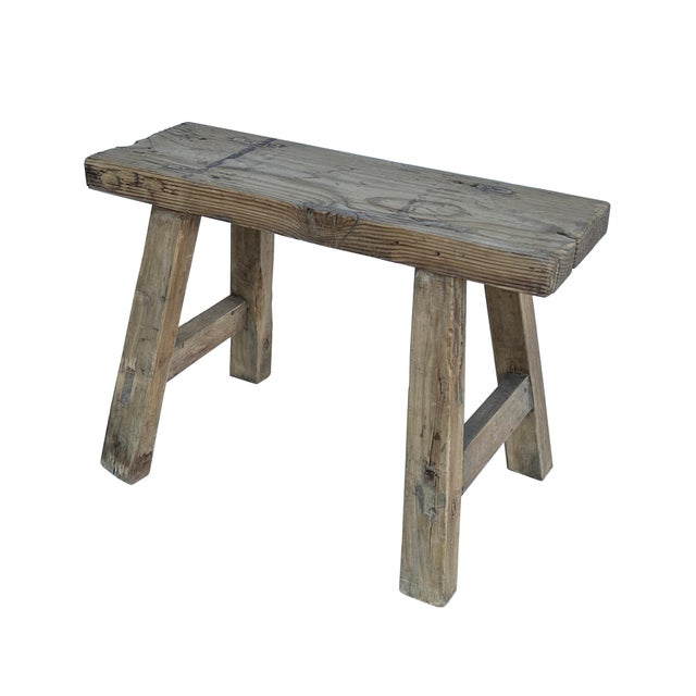 Rustic Rustic Raw Rough Wood Grain Rectangle Slim Stool Bench Side Table For Sale - Image 3 of 5