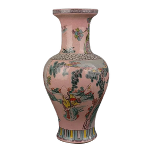 Chinese Vintage Porcelain Vase Qing Dynasty Qianlong Marked Pink Glaze Famille Verte Porcelain Vase Hand Painted Figures Pattern