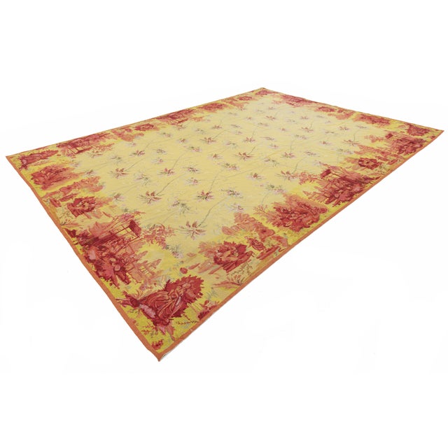 Vintage French Style Needlepoint Yellow Wool Rug With Chinoiserie Toile Border For Sale - Image 10 of 13