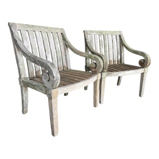 Vintage Weathered Hardwood Scroll Arm Garden Chairs With Natural Patina, a Pair For Sale