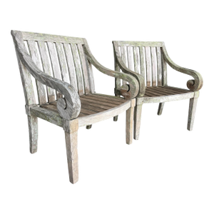 Vintage Weathered Hardwood Scroll Arm Garden Chairs With Natural Patina, a Pair