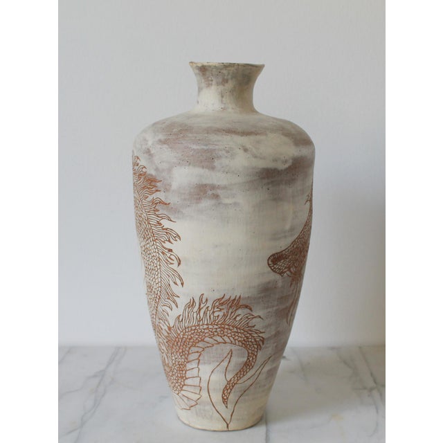 Ceramic Vintage Studio Pottery Vase Featuring an Incised Dragon Motif For Sale - Image 7 of 10