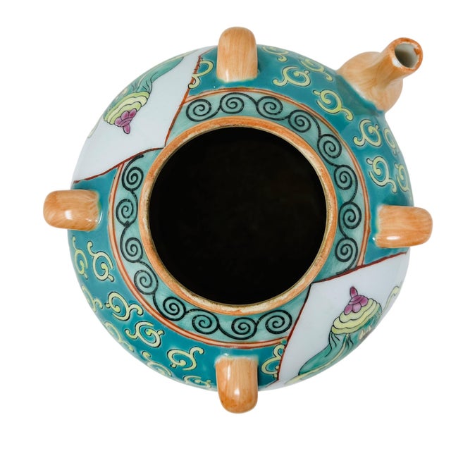 Vintage Chinese Famille Rose Ewer | Decorative Porcelain Wine Pot | Mid-Century Chinoiserie Decor | Hand-Painted Qilin Mythical Figure Pitcher For Sale - Image 11 of 15