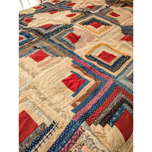 Antique Log Cabin Quilt, Likely 19th Century For Sale - Image 4 of 15