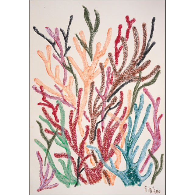 2025, Abstract Illustration, Biomorphic Art, Red Marine Flora, Gouache Crayon on Watercolor Paper by Romina Milano For Sale